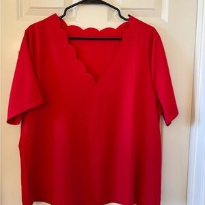 Red Scalloped V-Neck Women's Top